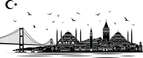 Naklejka premium Istanbul skyline silhouette with mosques, minarets and Bosphorus bridge, crescent moon night cityscape vector illustration for Ramadan, Eid, Islamic travel design