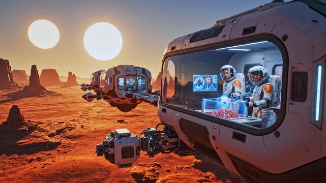 astronauts inside mars habitat analyzing samples with holographic table hightech interior scene shows two suited explorers studying red soil trays while rover and equipment sit
