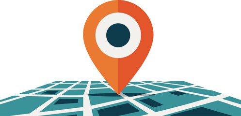 A vibrant location tracking graphic featuring a pinpoint on a stylized map. Bold orange and white design with a modern, professional feel. Ideal for safety, navigation, and technology concepts. © Vector Factory