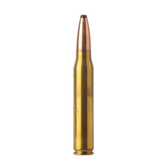 Golden bullet isolated on transparent background with sharp tip and metallic texture