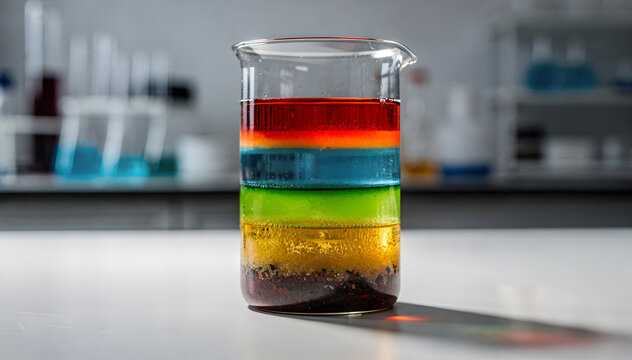 Density Rainbow: A Beaker Filled with Layers of Colorful Liquids in a Chemistry Lab, Depicting Scientific Experimentation and Educational Visuals. A Striking Colorful Image