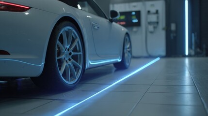 High-tech Laser Scanner Tunnel Inspects Electric Car Chassis at Minimalist Service Station With Glowing Diagnostic Lines