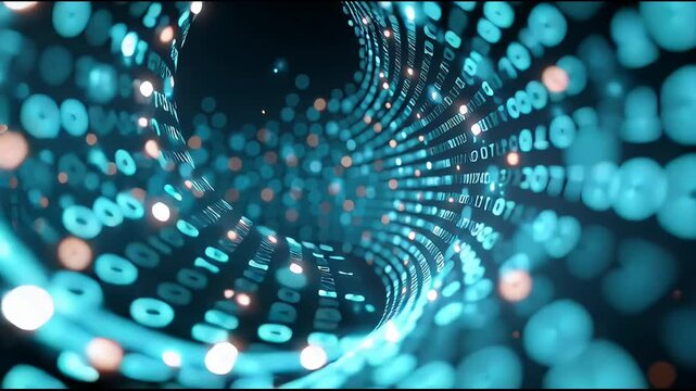 Explore digital data flowing through cyberspace with binary code in motion
