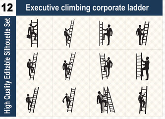Silhouette collection of a business professional climbing a ladder, symbolizing career advancement, corporate growth, and the path to leadership.
