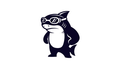 Cartoon shark character wearing goggles standing isolated on white background