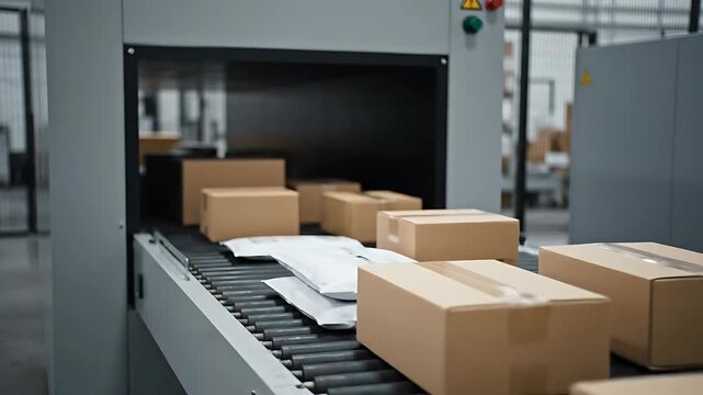 Shipping Conveyor Belt with Cardboard Boxes and Packages