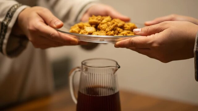 Sharing a plate of food, a gesture of generosity and community.