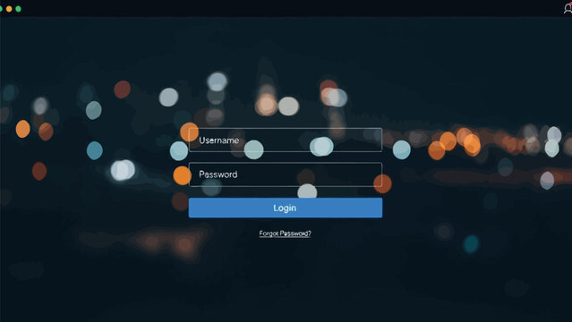 Modern digital application login screen interface design prominently featuring username and password entry fields against a dark bokeh city lights background for secure access.