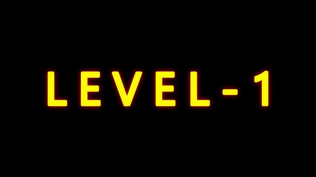 LEVEL 1 text animation on black background. typography ideal for gaming progress, level 1 text bounce animation with glow effect.