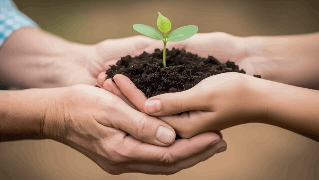 Generational care is shown as an elder person&rsquo;s hands cup supporting a child&rsquo;s hands holding a small seedling sprouting from rich dark soil representing hope and new beginnings.