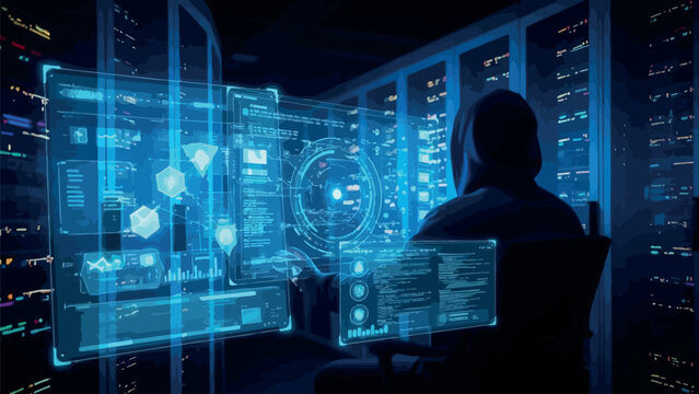 Anonymous hacker wearing a hood sits within a dark server room interacting with large translucent blue holographic data displays showing complex code and network security diagrams.