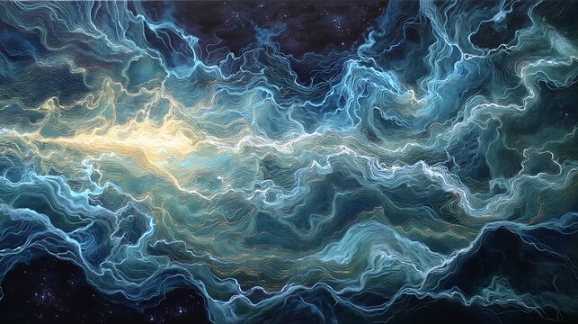 Cosmic gravity field, gentle gravitational waves bending light around invisible mass, fine-art realism with fluid motion, 