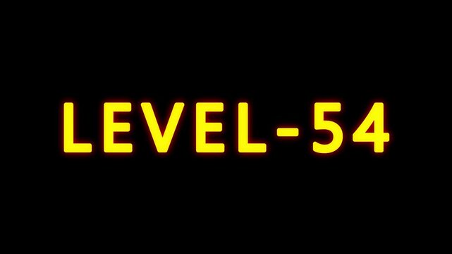 LEVEL 54 text animation on black background. typography ideal for gaming progress, level 54 text bounce animation with glow effect.