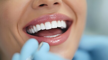 Fototapeta premium Close-up of a female patient receiving a dental examination by a specialist. Concept: Dental care, oral health, medical professionalism, preventive healthcare