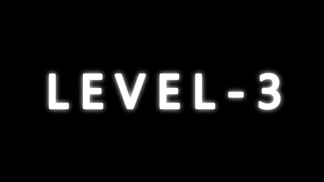 LEVEL 3 text animation on black background. typography ideal for gaming progress, level 3 text bounce animation with glow effect.