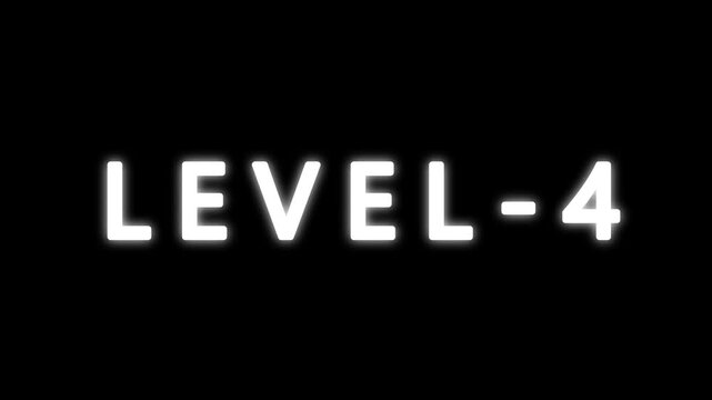 LEVEL 4 text animation on black background. typography ideal for gaming progress, level 4 text bounce animation with glow effect.