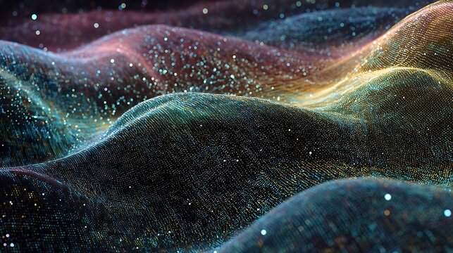 Curved spacetime fabric, ripple effect spreading across interstellar background, soft lighting, detailed cosmic geometry, 