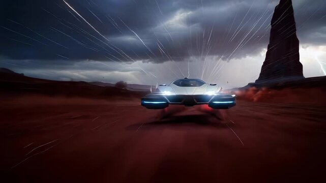 futuristic hovercar racing across red desert, lightning forks illuminate hovering engines, dust plumes trailing neon afterburners, monolith silhouettes frame dramatic horizon, cinematic