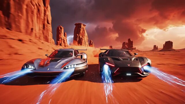 Two sports cars race desert under lightning storm, dust trails and hightech thrusters, test drivers push prototypes across monument rock formations in cinematic orange dusk