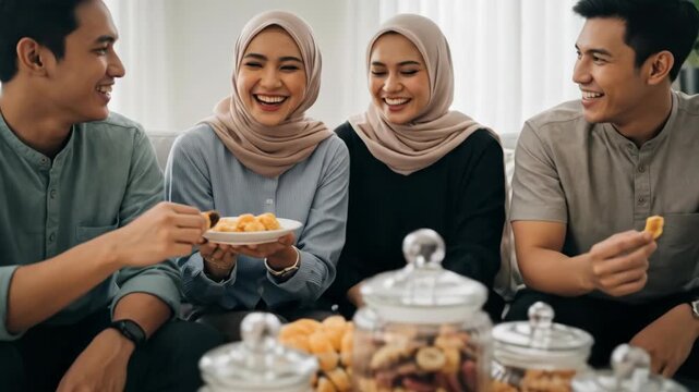 Happy Muslim Friends Gathering and Enjoying Snacks Together at Home.