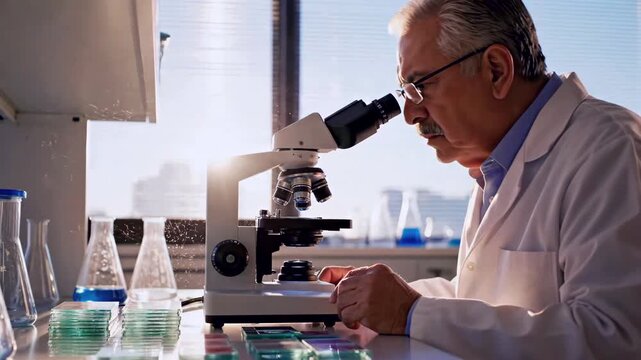 Senior scientist examines microscope slide in sunlit lab, adjusting focus beside beakers and glass vials with precise hands urban skyline seen through window adds clinical