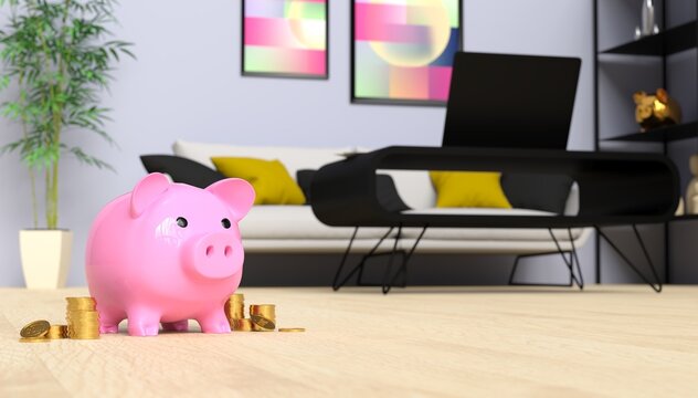 une tirelire cochon rose pos&eacute;e sur le sol dans un salon, concept d'&eacute;conomie sur le logement ou les factures de la maison - rendu 3D