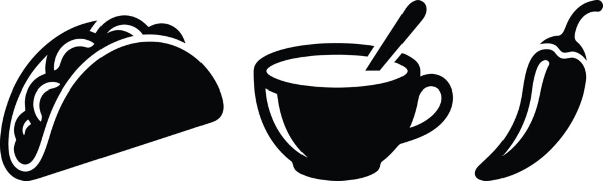 Black silhouette icons of mexican taco cup with spoon and chili pepper isolated on transparent grid background
