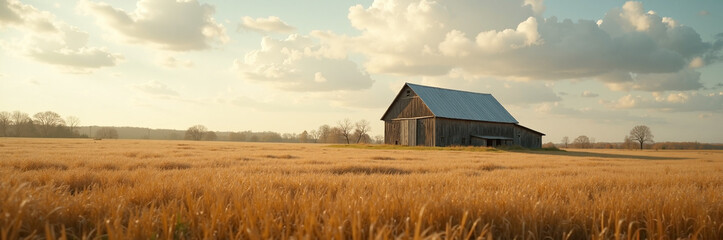 Obraz premium Serene rural landscape with farmhouse surrounded by golden wheat field under sunny sky. Fields of wheat sway gently in the breeze, creating a tranquil scene for rural living.