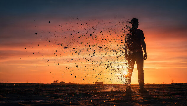 Silhouette of a Man Dissolving into Particles at Sunset: A Metaphor for Change, Loss, and the Ephemeral Nature of Existence, Set Against a Vivid Orange Sky