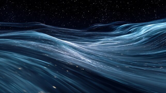 Gravity waves through the void, layered ripples of spacetime shimmering in dark blue tones, slow cosmic motion blur, 