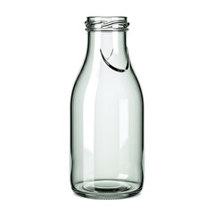 A single transparent empty glass bottle container for water or wine is isolated on a clean white background with a clear reflection and blank label