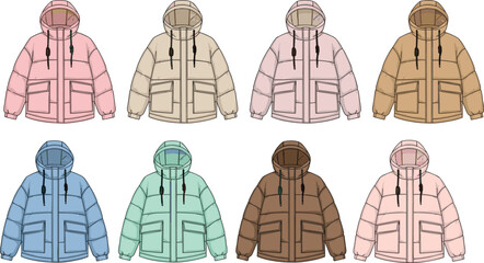 Colorful hooded puffer jackets with front zippers and pockets for winter fashion, retail catalog, and outerwear design reference © itz moni