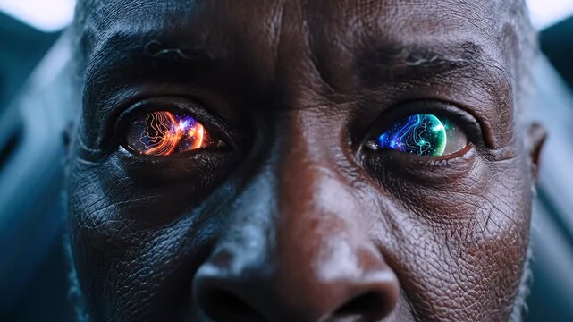 Closeup black astronaut with bionic eye activating in medbay, neon reflections on iris, cockpit background, aged face showing resolve and tension, eye cycles through diagnostic lights