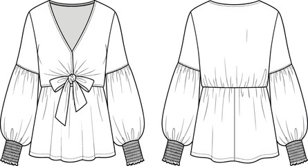 Obraz premium Technical fashion illustration of women's blouse with deep V-neck, bow detail, voluminous sleeves, and gathered waist seam design.