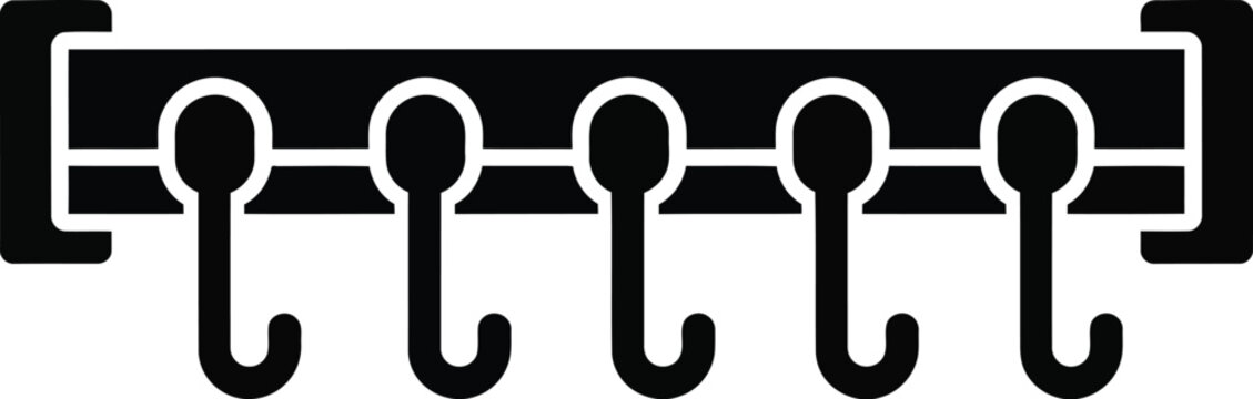 A black silhouette icon illustrating a wall-mounted rack with multiple hooks for hanging various items in a home or kitchen.