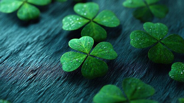 Close up of vibrant green four leaf clovers on a dark wooden surface