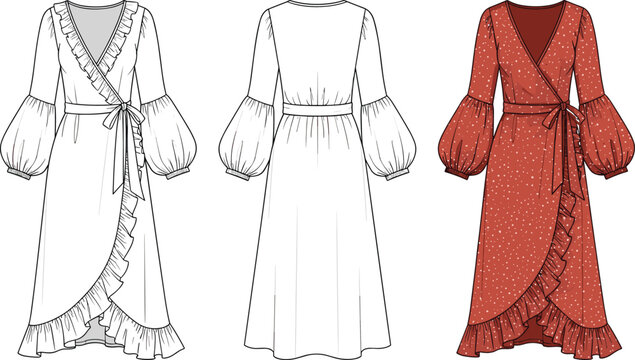 Technical fashion illustration of women's wrap dress with ruffled trim, puff sleeves, tie waist, and polka dot fabric rendering