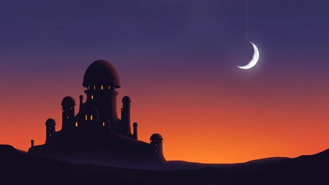 Arabian Palace Silhouette Against a Beautiful Twilight Sky.
