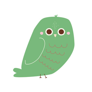 Funny green owl. Childish cartoon graphic. Vector hand drawn illustration.