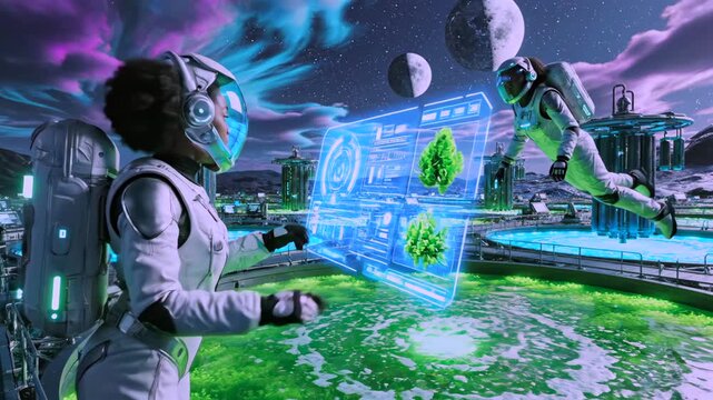 astronaut scientist tending glowing algae pond under purple sky and moons, floating farm modules, drones and holographic analysis, bioreactor experiments for food and oxygen, futuristic