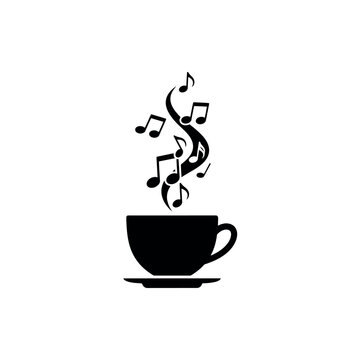 Steaming coffee cup with musical notes rising, black and white vector illustration symbolizing music, harmony, or a relaxing atmosphere.