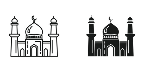 Obraz premium Black and white outline illustrations depict a traditional islamic mosque with minarets and a crescent moon high quality professional detailed modern elegant stylish clean crisp vibrant