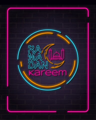 Neon Ramadan greeting design with glowing mosque, crescent moon, and modern typography. Vibrant cyan, pink, and yellow neon lights form a festive sign on dark brick background.