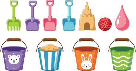 Cute Beach Toys and Sand Play Icon Set with Buckets Shovels Sandcastle Ball and Water Drop for Kids Summer Designs © MdShakil