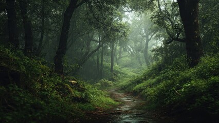 Fototapeta premium Misty forest path through lush greenery