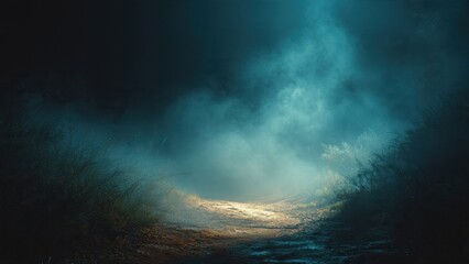 Mysterious foggy path in dark forest