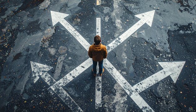 Person at a crossroads with multiple white arrows on dark asphalt, symbolizing important life choices, future paths, and decisions.