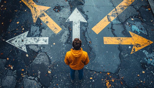 Person at a crossroads with multiple directional arrows on a wet road, symbolizing choice, decision-making, and future path