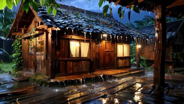 A wooden cabin in the jungle with lights on while a gentle rain falls, wetting everything around it.