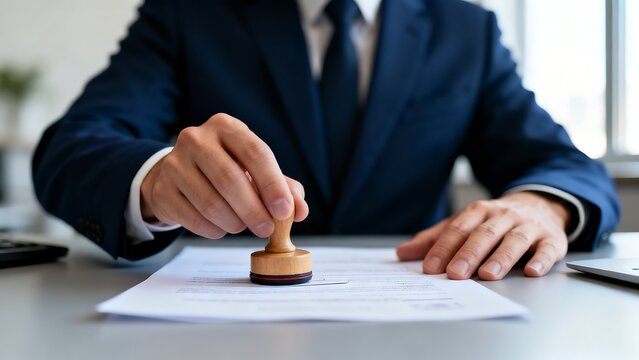 A close-up of a businessman in a dark blue suit stamping official documents with a wooden rubber stamp on his desk.